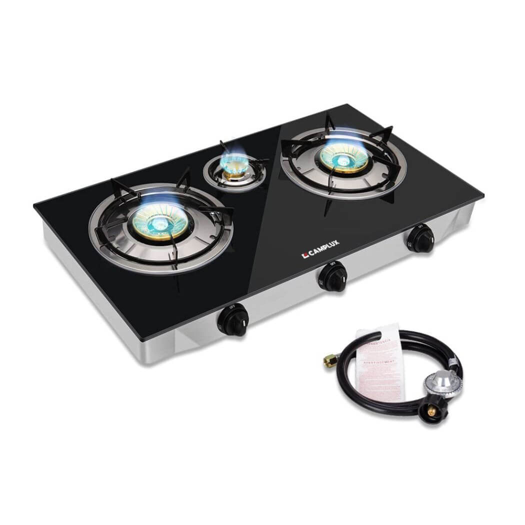 Cuisinière à gaz propane Camplux avec 21 600 BTU, cuisinière au propane à 3 brûleurs, cuisinière de camping en verre trempé