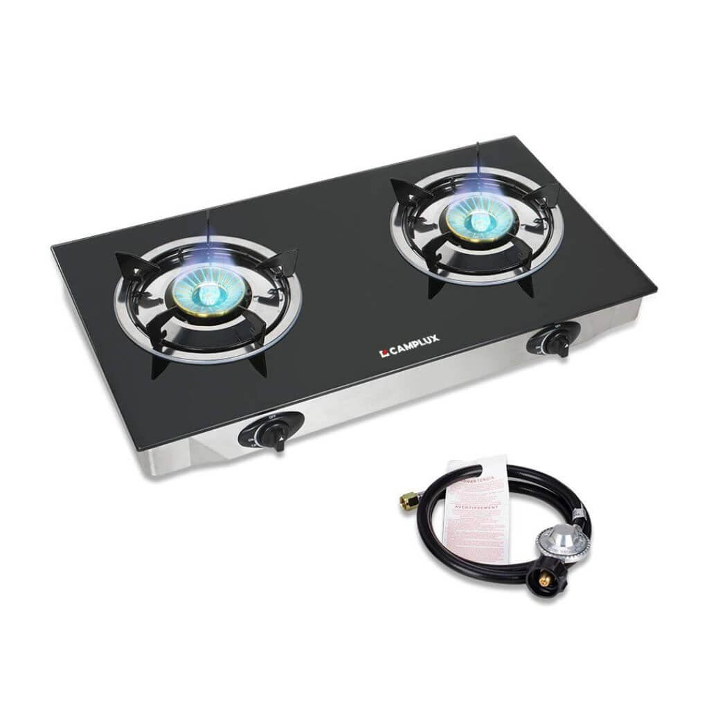Camplux – table de cuisson au gaz propane, en verre trempé, double brûleur, allumage automatique, GPL