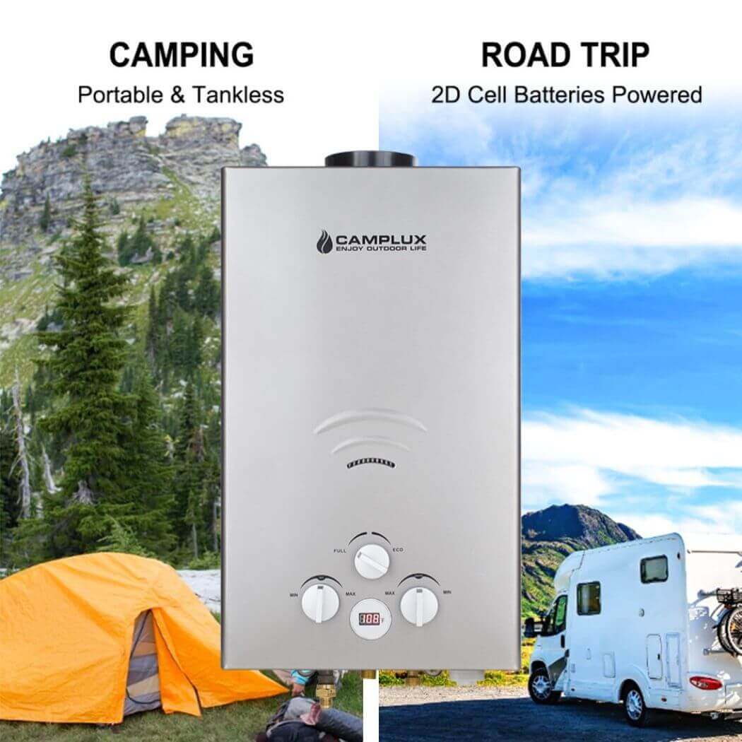 Camplux portable water heater, perfect for camping or off-grid adventures.