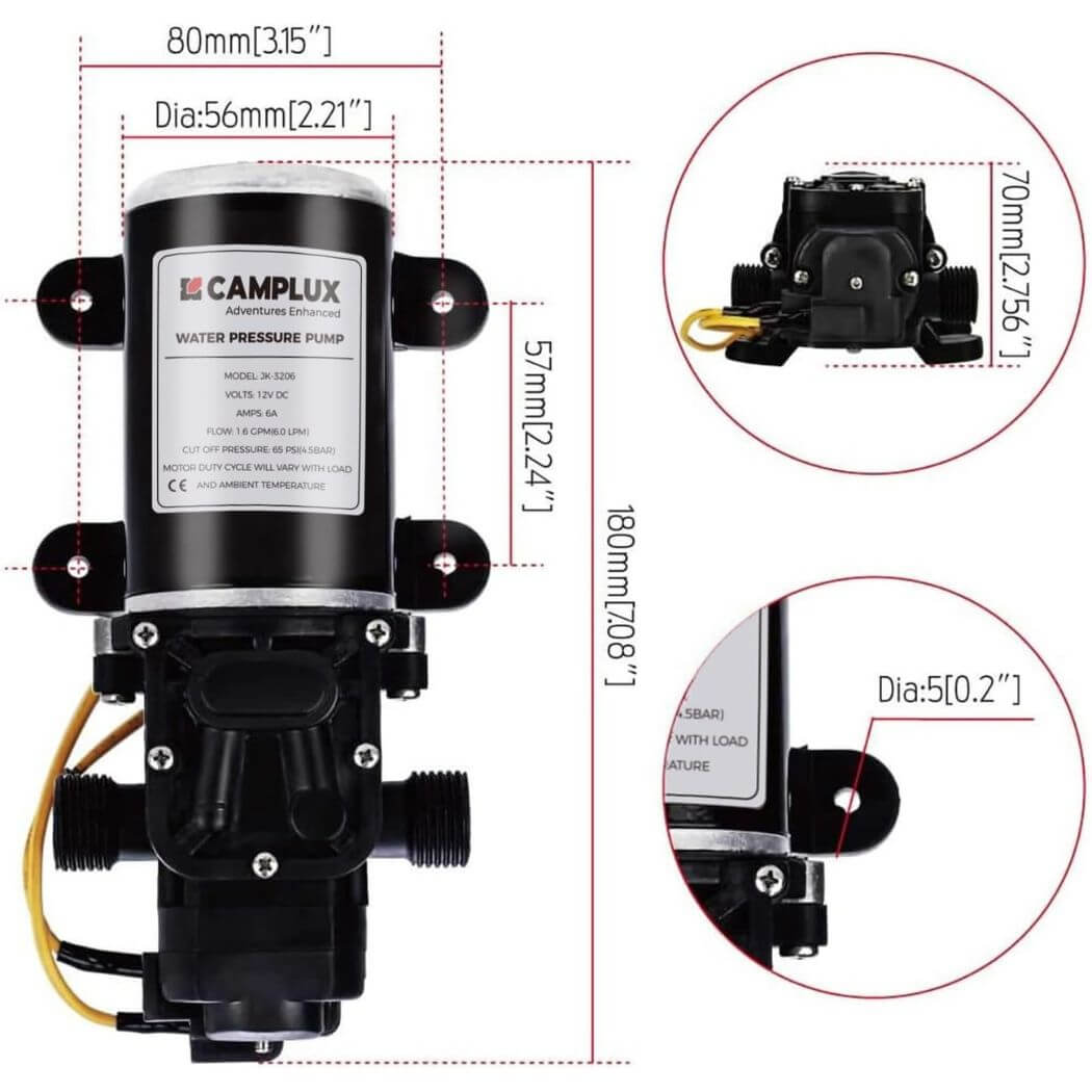 Camplux Pompe à eau 12 V 65 PSI DC 1,6 GPM 6 LPM Diaphragme pour caravane RV bateau de pêche marin