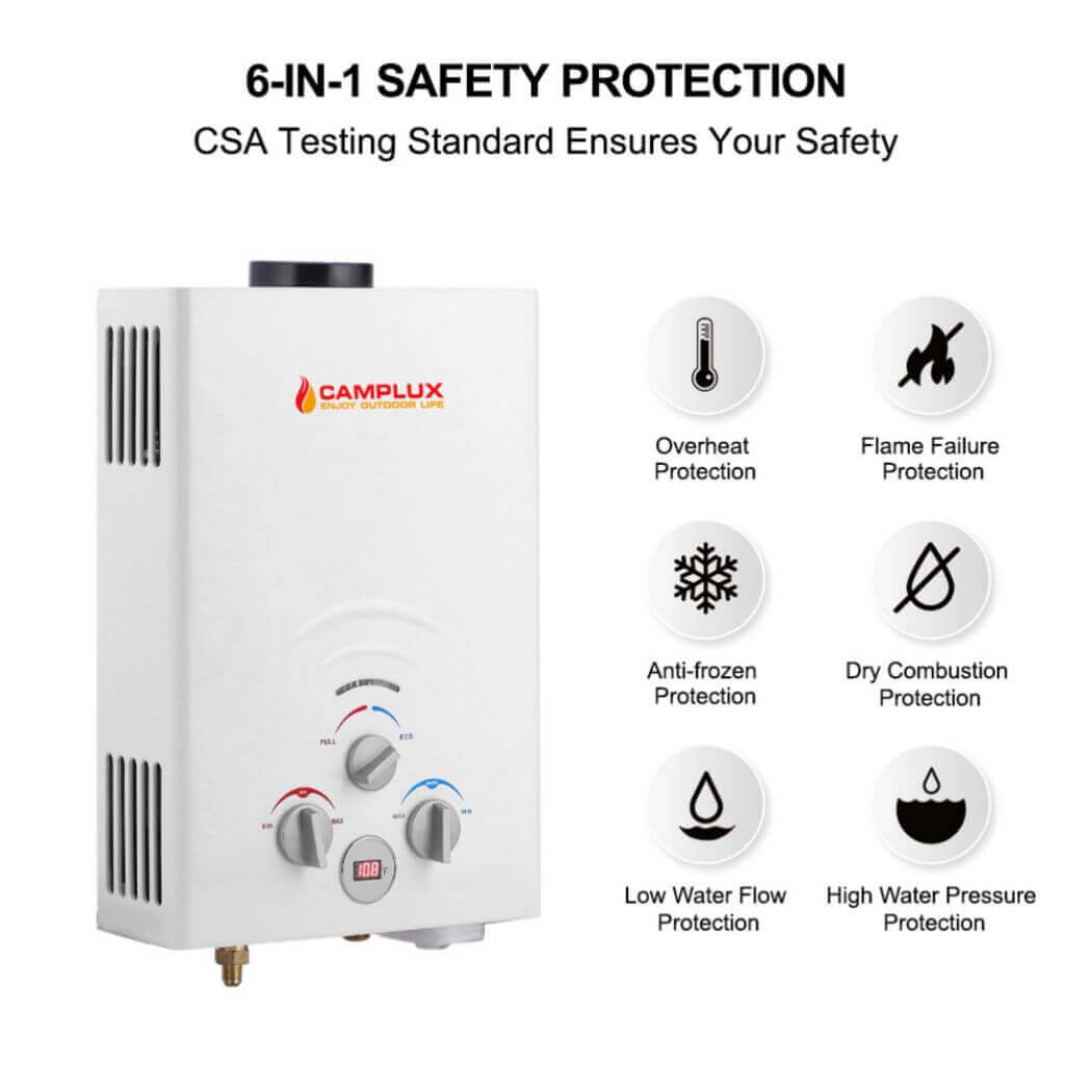 6-in-1 safety protection ensures your safety while having hot shower by Camplux portable water heater.