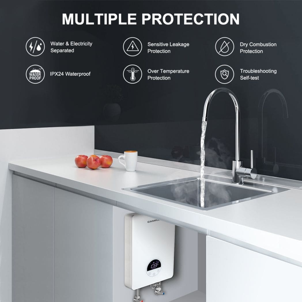 A multiple protection electric water heater under the sink that provide hot water safely.