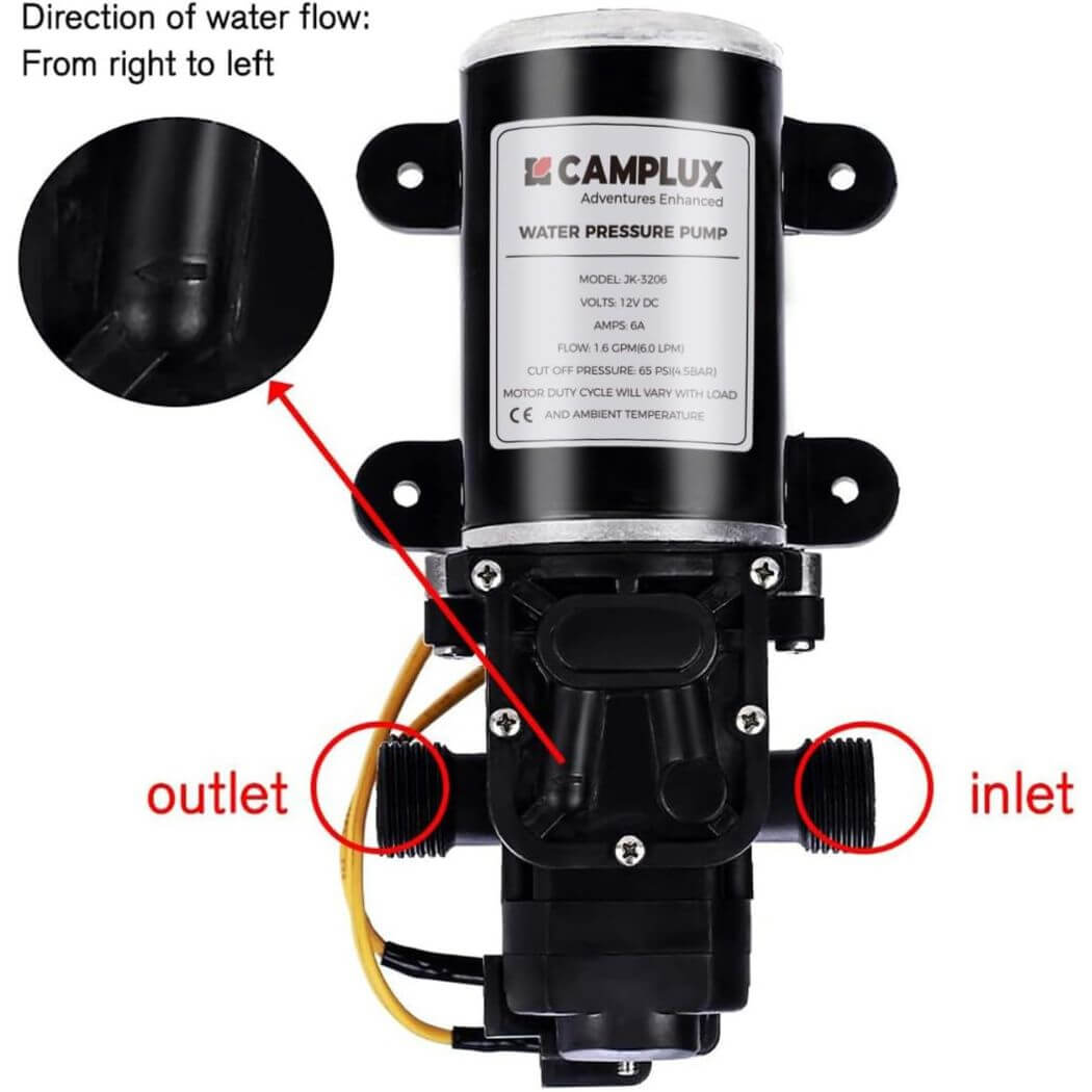 Camplux Pompe à eau 12 V 65 PSI DC 1,6 GPM 6 LPM Diaphragme pour caravane RV bateau de pêche marin
