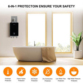 The image shows camplux water heater with 6-in-1 protection, emphasizing safety.