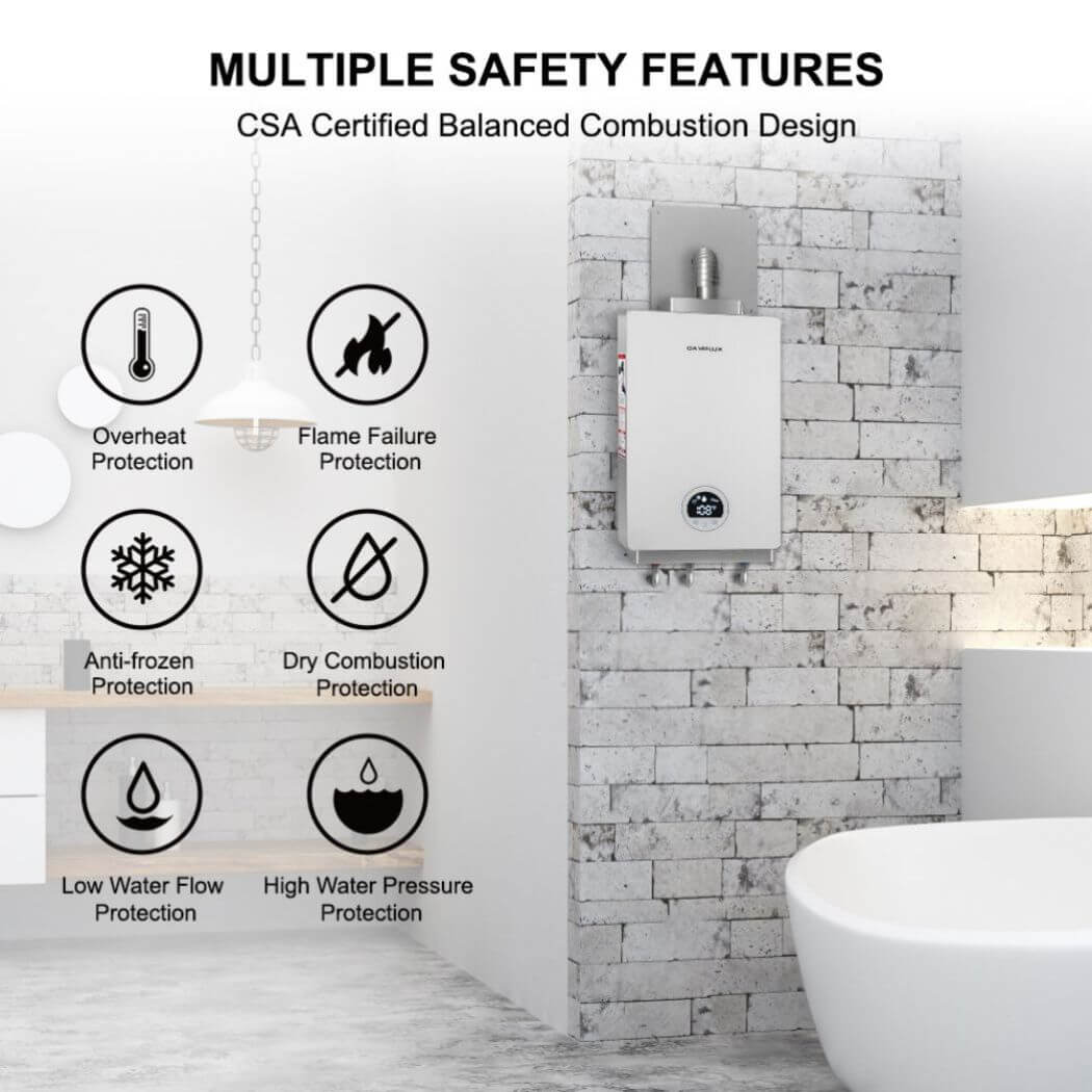 Multiple safety features, efficient water heater designed for residential use.