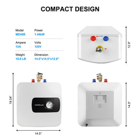 Compact 4.0 gallon water heater: A small, space-saving design that efficiently heats water. Perfect for limited spaces.