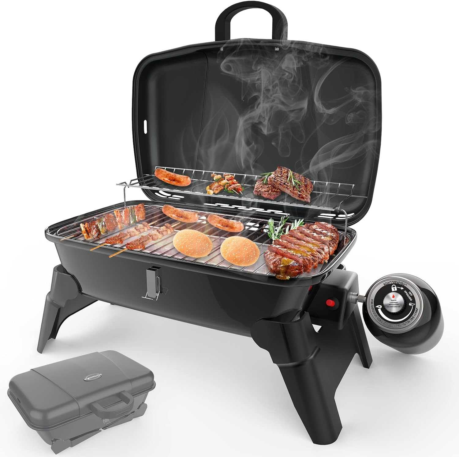 22 inch Propane 2 Burner Portable Table Top Griddle BBQ Grill with Hood for Outdoor Cooking Camping or Tailgating Etc, Kit with Carry Bag