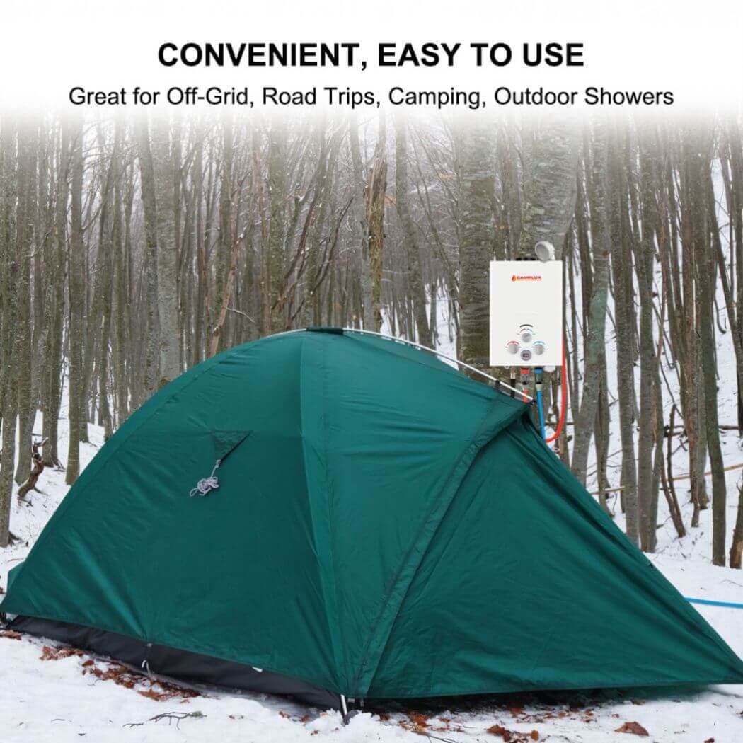 Image of an off-grid camping tent featuring a Camplux water heater hanging on the tree.