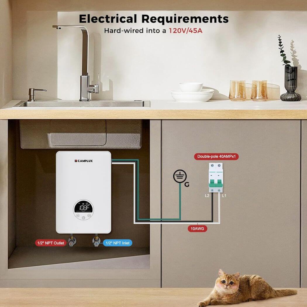 Camplux Electric Point of Use Tankless Hot Water Heater, 4.5kW at 110~120V