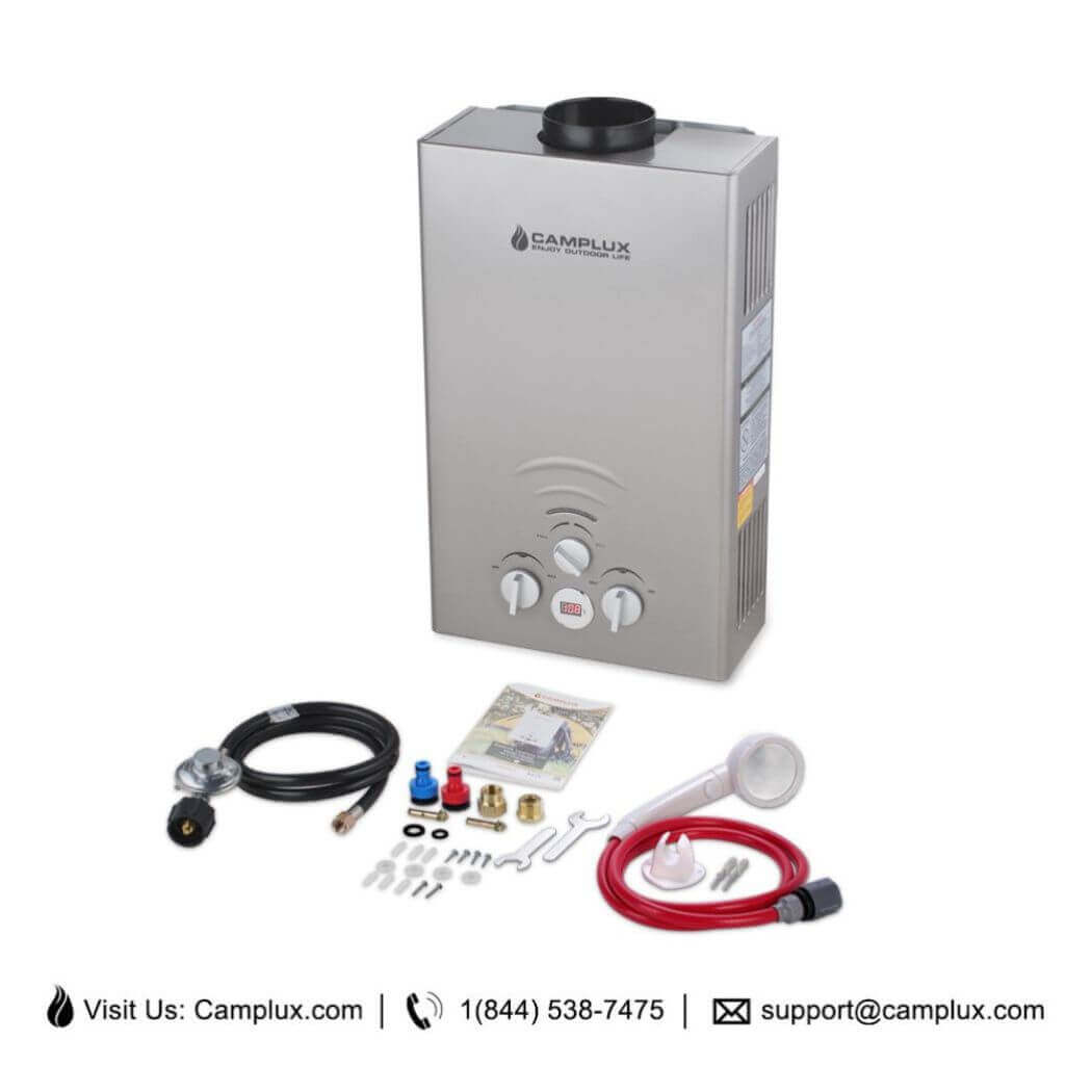 A portable gas water heater with hose and accessories, including a showerhead, from Camplux.