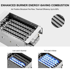 The image shows a new enhanced burner energy saving combustion system with an adjustable heating setting for year-round hot water.