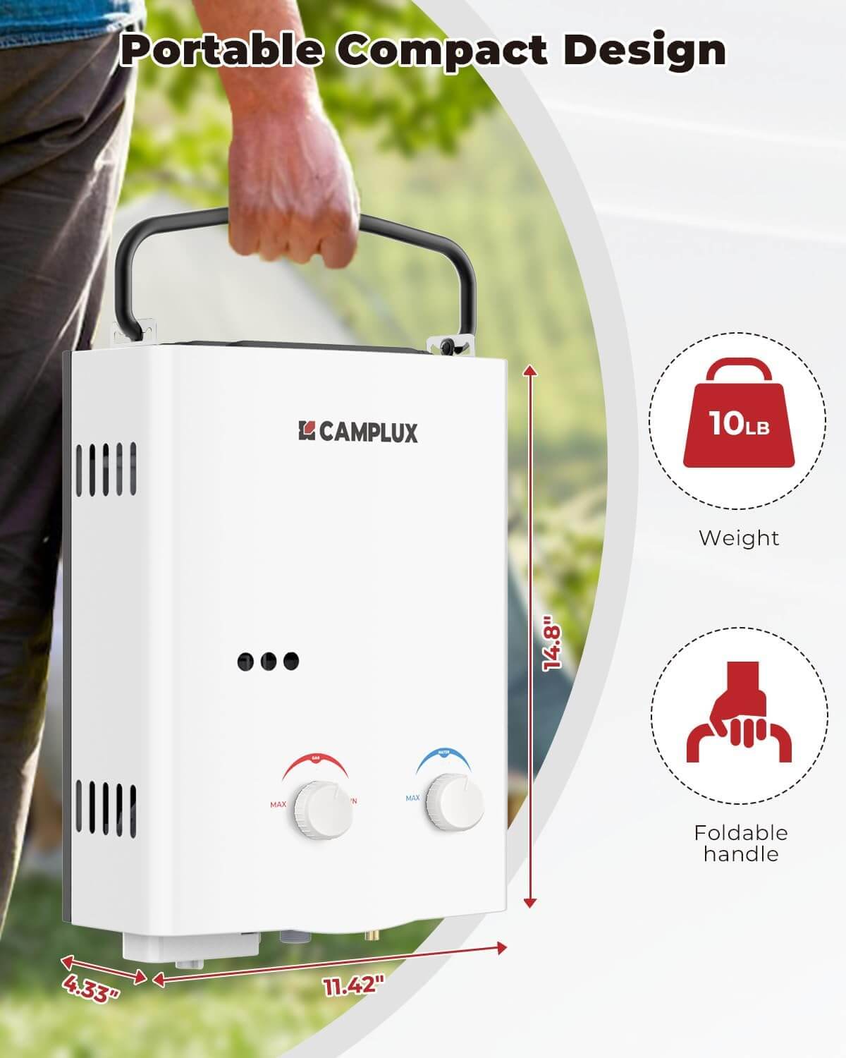 Chauffe-eau portatif extérieur sans réservoir au propane Camplux 5L 1,32 GPM - Blanc