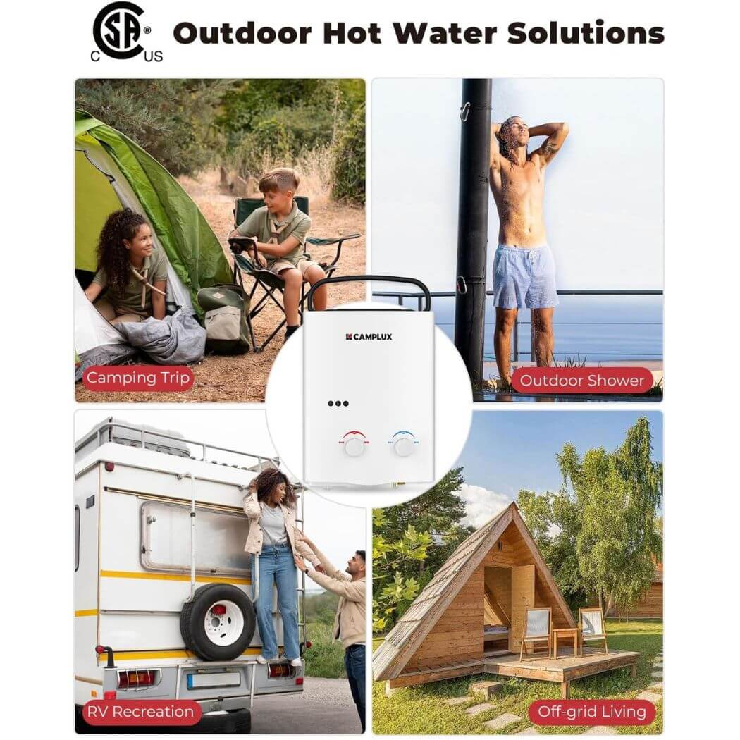 Chauffe-eau portatif extérieur sans réservoir au propane Camplux 5L 1,32 GPM - Blanc