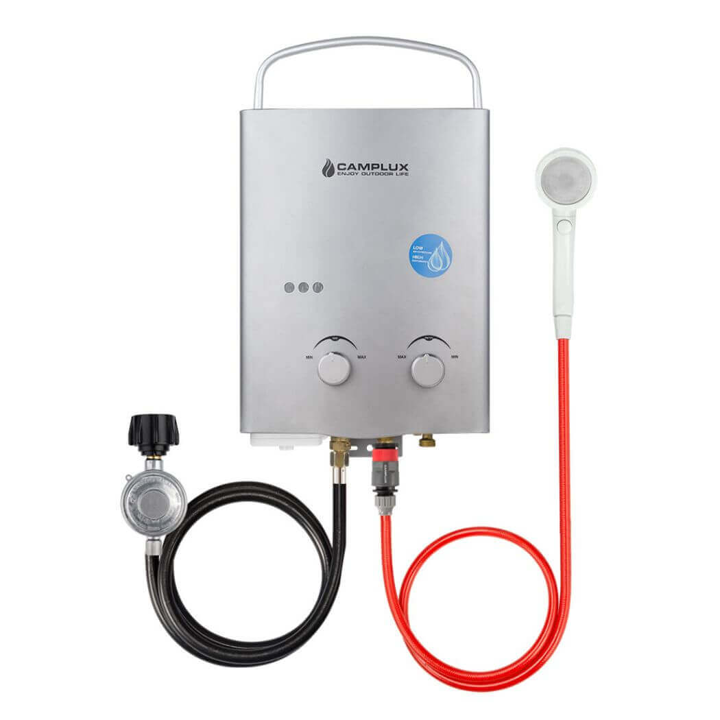 A portable gas water heater with hose, designed by Camplux. Perfect for your outdoor lifestyle.