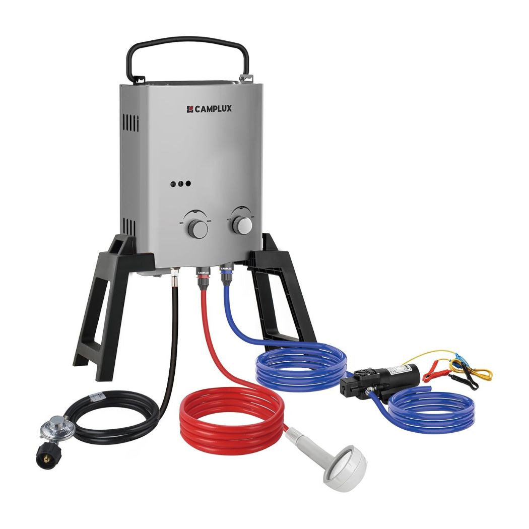 camping dusche 12v Camplux 1,32 GPM Tragbare Propangas-Campingdusche für den Außenbereich mit Pumppack-Kits, Grau
