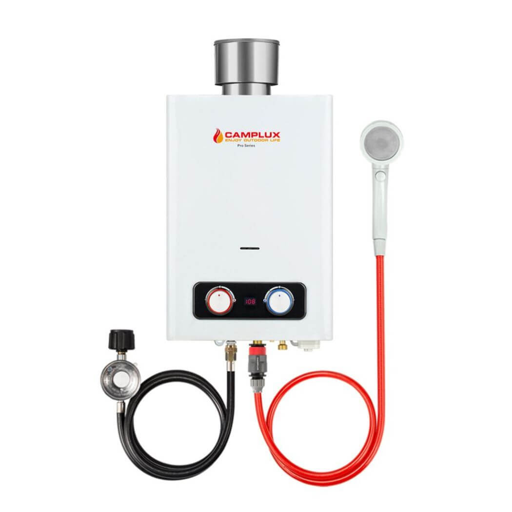 Camplux camping water heater BD158C, a compact and portable device for heating water during outdoor adventures.