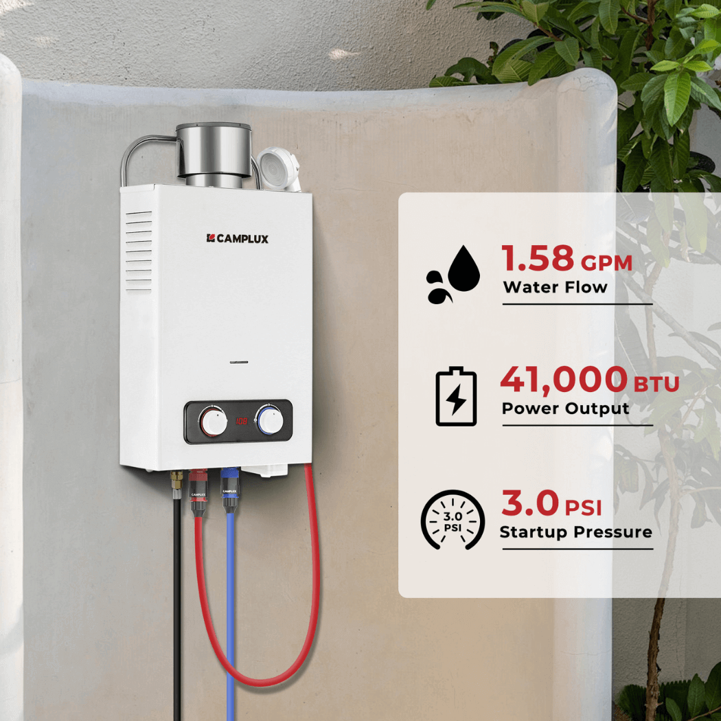 Chauffe-eau portatif sans réservoir, chauffe-eau extérieur au propane Camplux 1,58 GPM avec capuchon de pluie S/S
