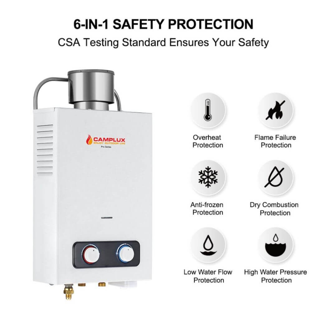 Camplux portable water heater: CSA certified for safe and reliable use.