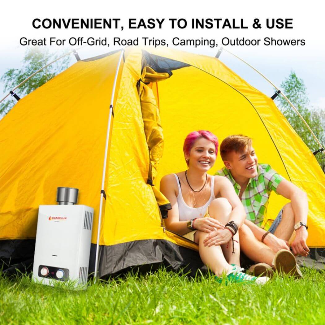 A couple sitting in front of a yellow tent, enjoying the outdoors with a Camplux portable water heater BD158C beside.