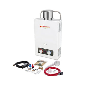A portable gas water heater with accessories, including the items inside Camplux BD158C.