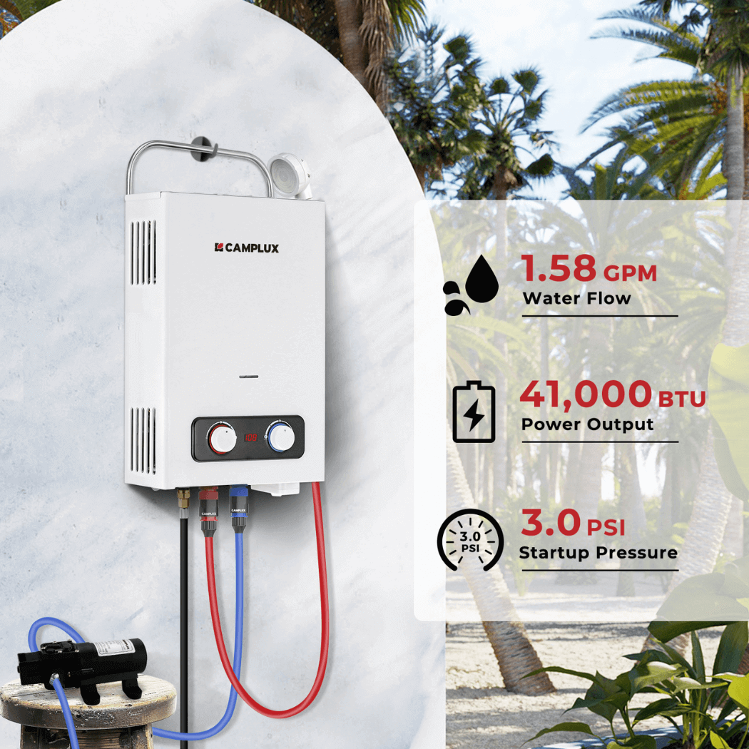 Chauffe-eau portatif extérieur sans réservoir au propane Camplux Pro 6L 1,58 GPM avec pompe à eau 1,2 GPM