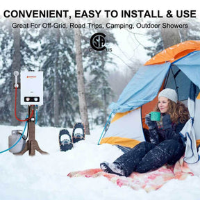 A woman in a tent with a Camplux BD158P43 water heater hanging nearby.