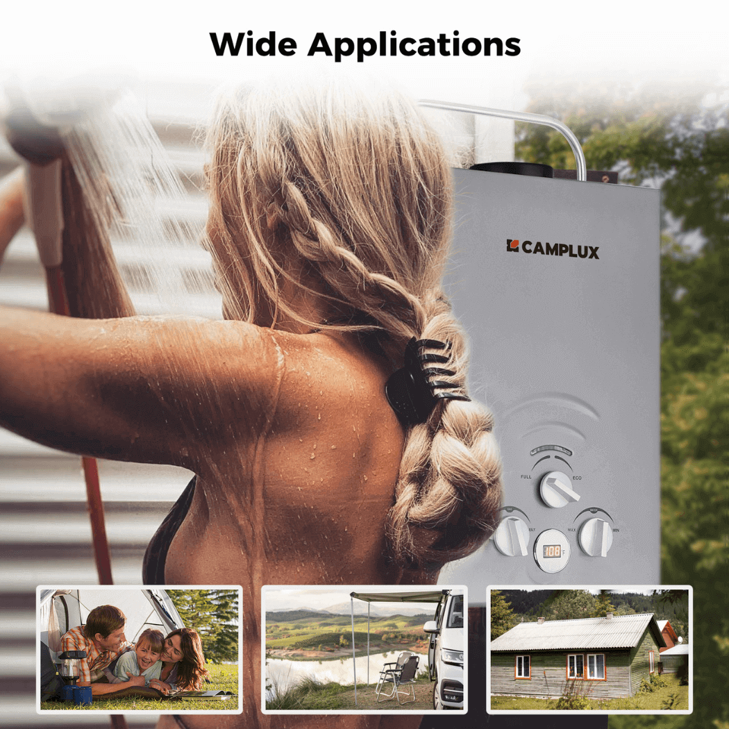 Tragbarer Warmwasserbereiter, Camplux Durchlauferhitzer Propan, 1,58 GPM On-Demand-Warmwasserbereiter, Gas-Warmwasserbereiter für den Außenbereich, Grau