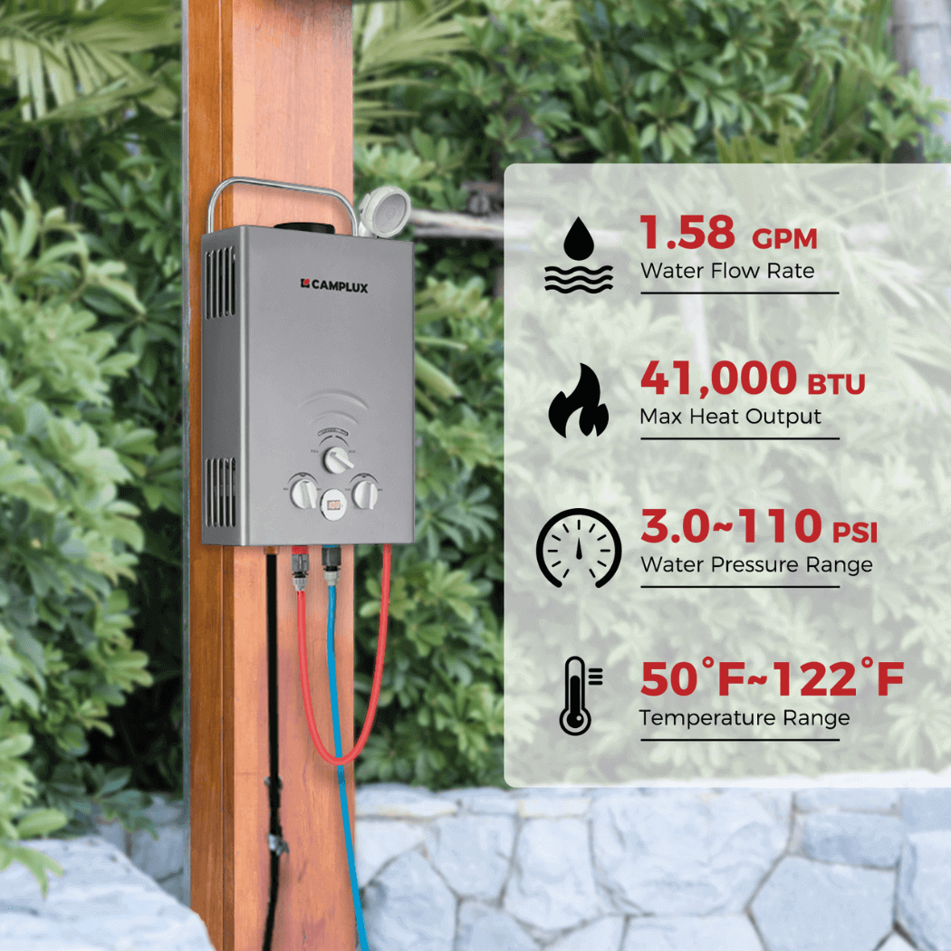 Tragbarer Warmwasserbereiter, Camplux Durchlauferhitzer Propan, 1,58 GPM On-Demand-Warmwasserbereiter, Gas-Warmwasserbereiter für den Außenbereich, Grau