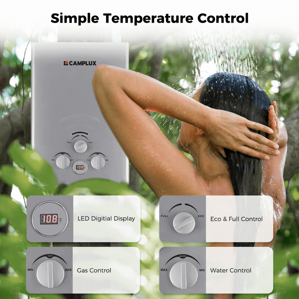 Tragbarer Warmwasserbereiter, Camplux Durchlauferhitzer Propan, 1,58 GPM On-Demand-Warmwasserbereiter, Gas-Warmwasserbereiter für den Außenbereich, Grau