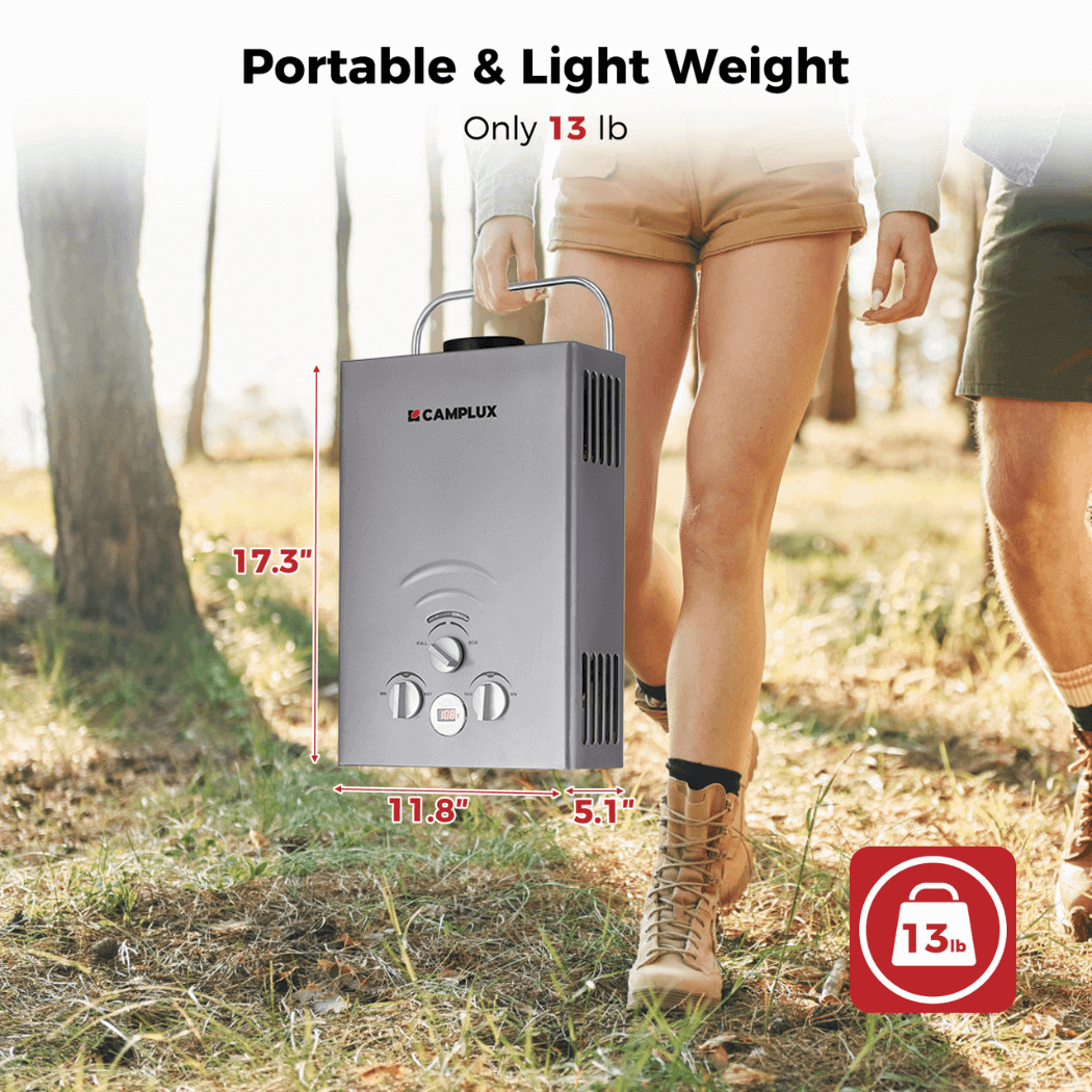 Tragbarer Warmwasserbereiter, Camplux Durchlauferhitzer Propan, 1,58 GPM On-Demand-Warmwasserbereiter, Gas-Warmwasserbereiter für den Außenbereich, Grau