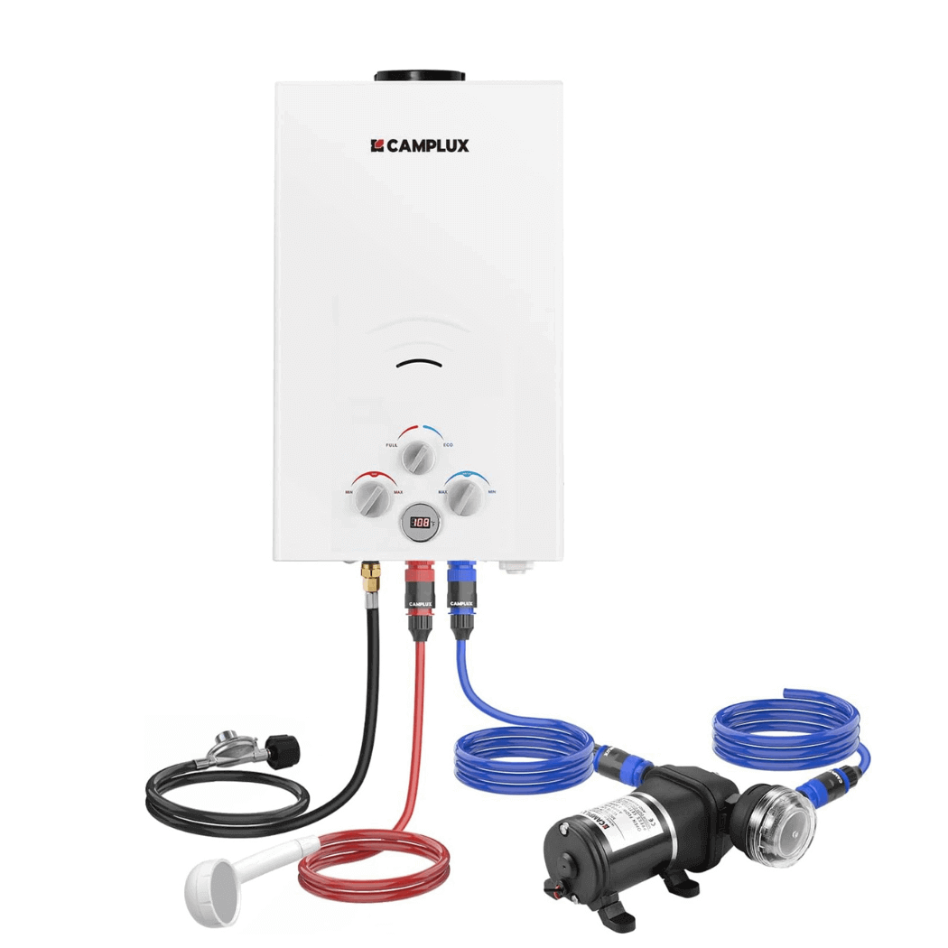 Tragbarer Propan-Durchlauferhitzer für den Außenbereich, Camplux 2,64 GPM Instant Hot Camping-Duschen mit 3,3 GPM Wasserpumpe und Rohrsieb