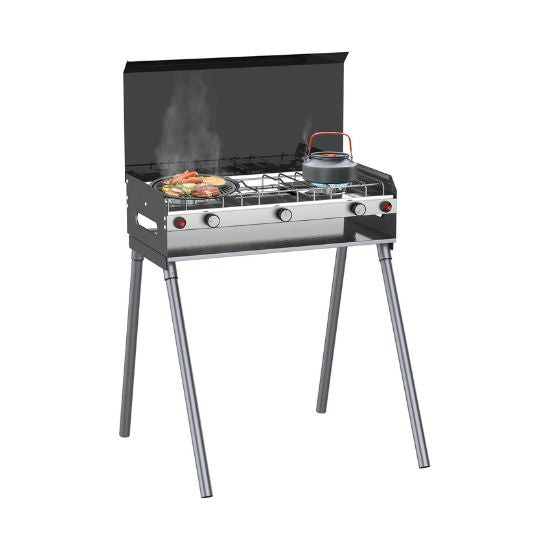 CAMPLUX 2 Burners & 1 Grill Propane Camping Stove, 15,000 BTU Portable Outdoor Propane Camping Grill Burner with Free Standing Legs, Auto-Ignition Gas