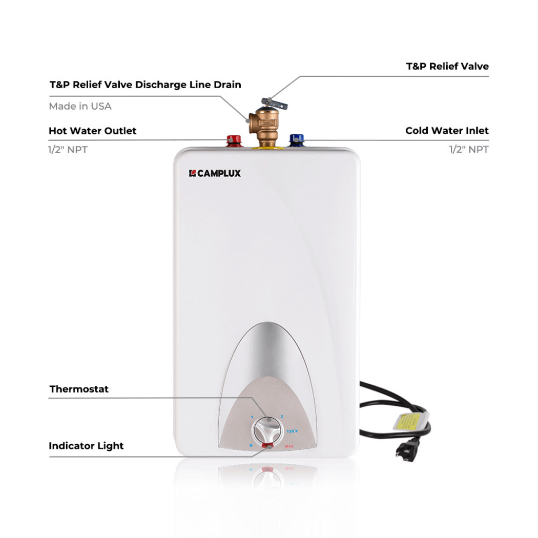 Camplux Elektrischer Mini-Tank-Point-of-Use-Warmwasserbereiter 120 V – 4,0 Gallonen