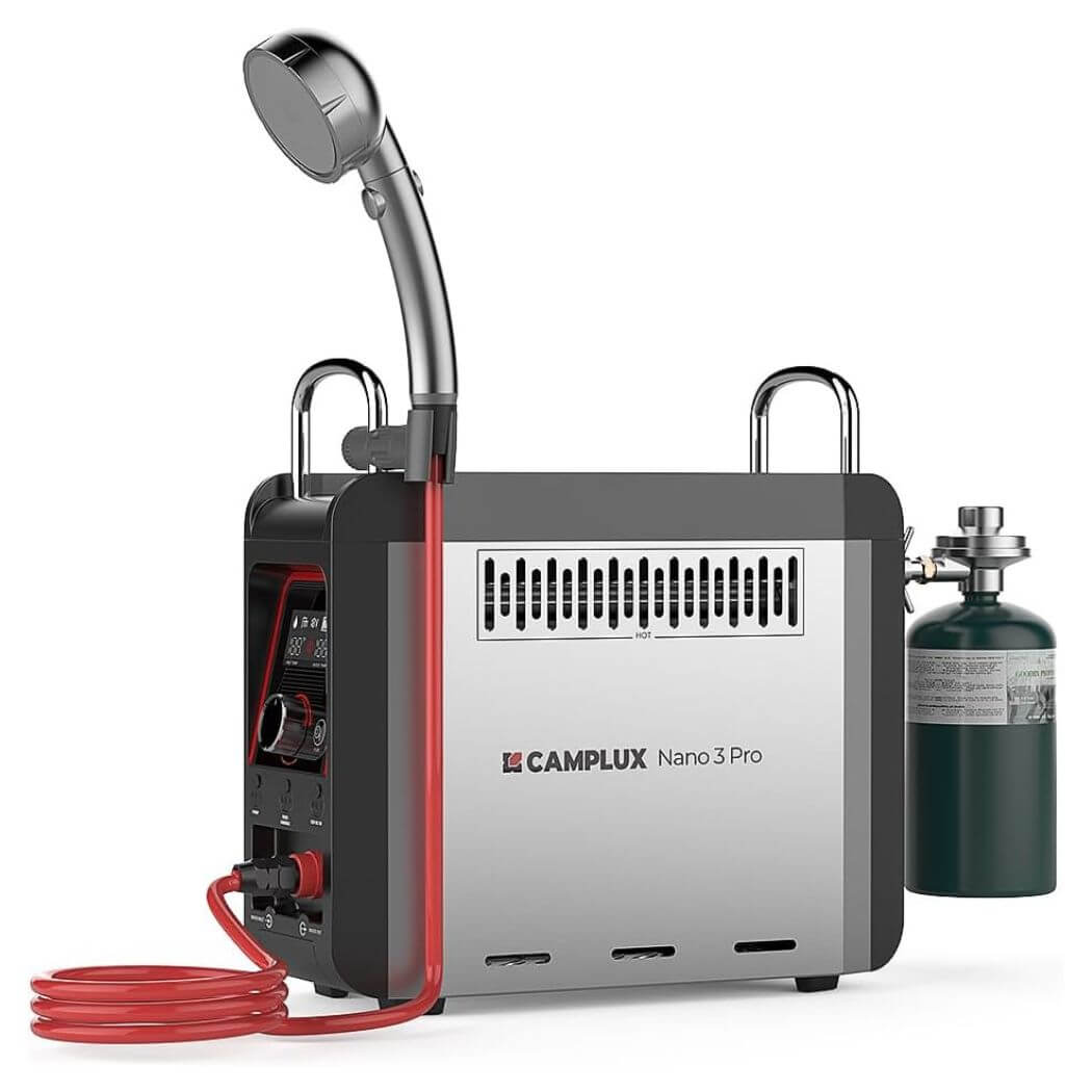 Camplux - Calentador de agua portátil para exteriores de 5 litros,  calentador de agua a gas propano sin tanque de 1.32 GPM para RV, camping,  graneros
