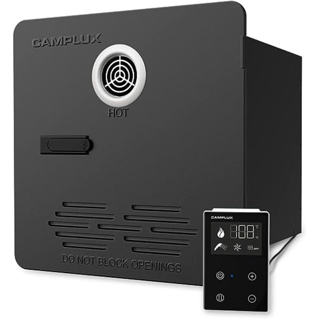 Camplux RV water heater in black with remote.