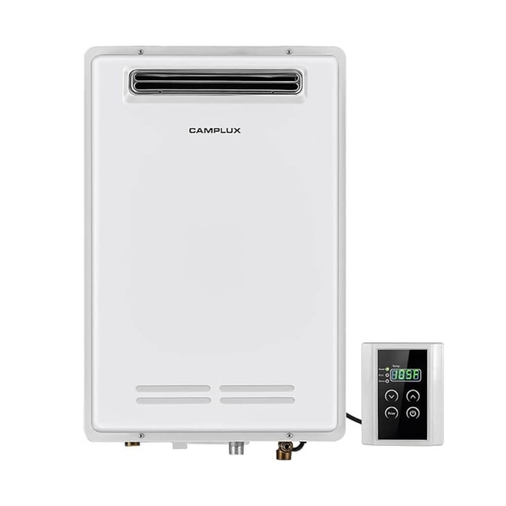 Top water heaters for compact areas: Camplux outdoor water heater, suitable for entire household usage, equipped with digital remote control.