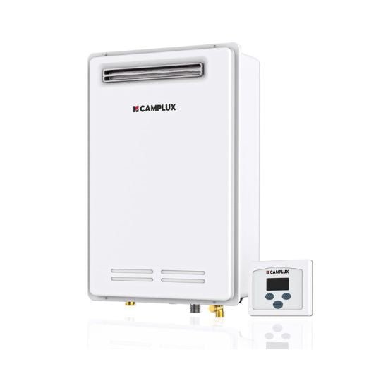 Durchlauferhitzer für das ganze Haus, Camplux Pro 5,28 GPM hocheffizienter On-Demand-Gas-Warmwasserbereiter, Gas-Warmwasserbereiter für den Außenbereich für 3–4 Personen, Weiß