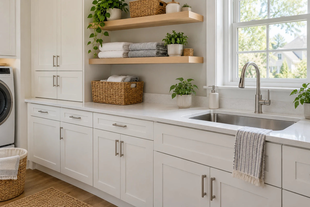 A practical American laundry room with a utility sink, white cabinetry and natural wood shelving.
