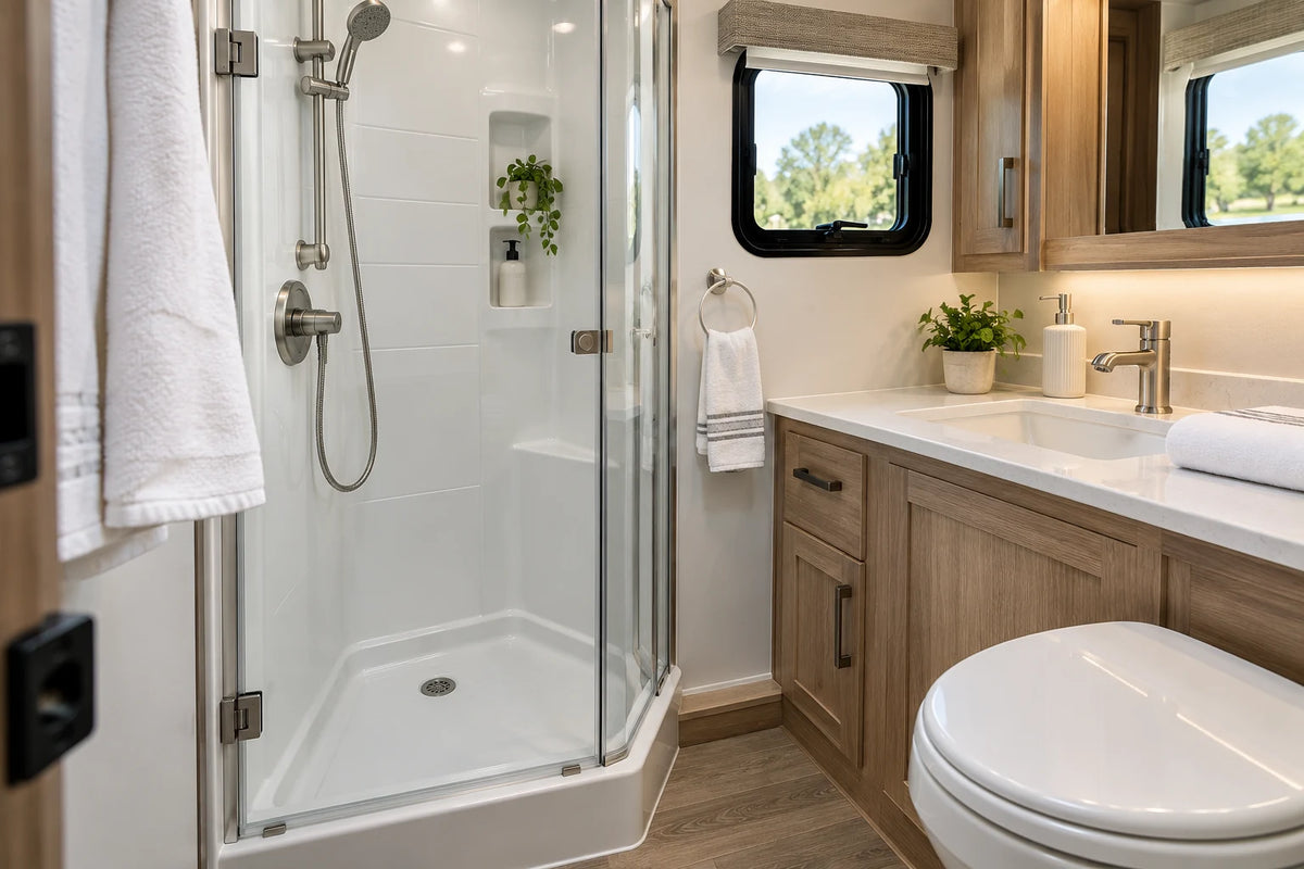 A compact modern motorhome bathroom with a shower, sink and natural wood cabinetry.
