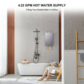 High capacity tankless water heater supplies hot water to fill a proper tub in 6 minutes on average.