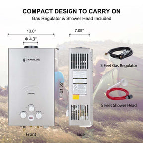 A diagram of a Camplux portable water heater, showing the dimensions of this compact device for camp life.