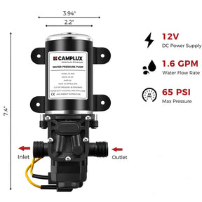 Camplux Pompe à eau 12 V 65 PSI DC 1,6 GPM 6 LPM Diaphragme pour caravane RV bateau de pêche marin 