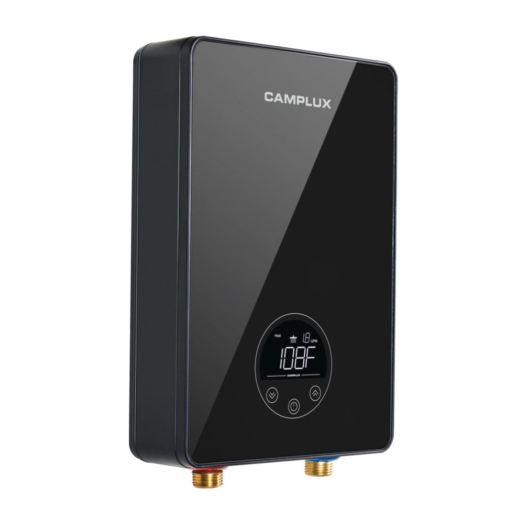 Camplux electric water heater with a digital display showing temperature and settings.
