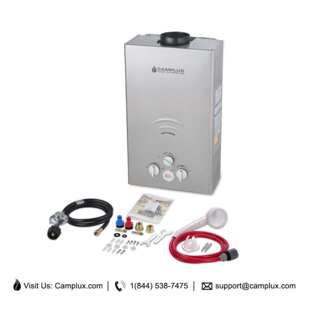 Showerhead, gas hose, and accessories, including items from the Camplux bw264 water heater package.
