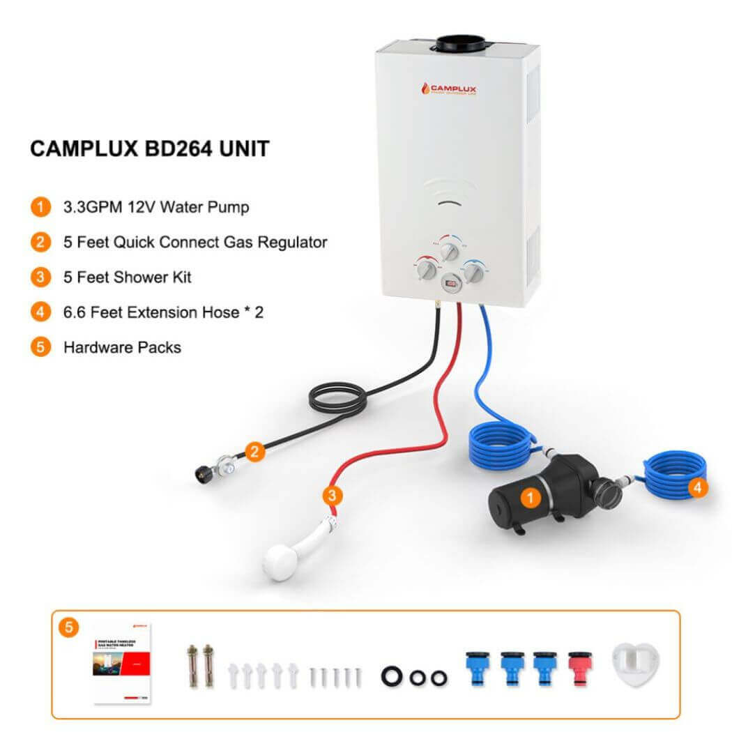 Camplux Tankless Gas Water Heater w/ 12V Pump Portable Outdoor On Demand  Boiler