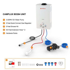 Camplux portable water heater set: compact, efficient, and easy to use. Perfect for outdoor adventures and camping trips.