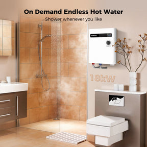 A bathroom with a toilet, sink, and powerful camplux on demand electric water heater.