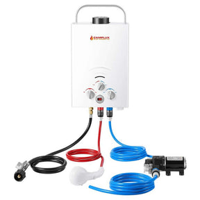 Camplux portable water heater kit, ideal for outdoor use or emergencies. Provides hot water on the go.