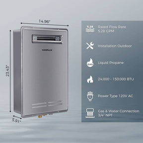 Outdoor gas water heater, 5.28 GPM flow rate, installation outdoor, 24,000 to 150,000 BTU.