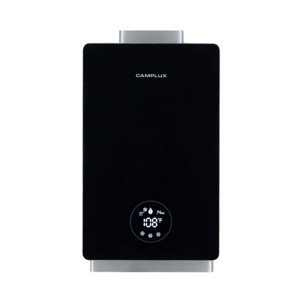 Camplux instant indoor tankless gas water heater 3.18 GPM in black.